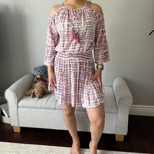 Tiare Hawaii Boho style mini dress featuring a pink and white tie-dye